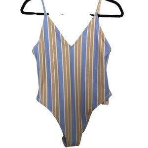 Aerie One Piece Swimsuit Striped Blue Tan White Scoop Neck Low Back Small NWT